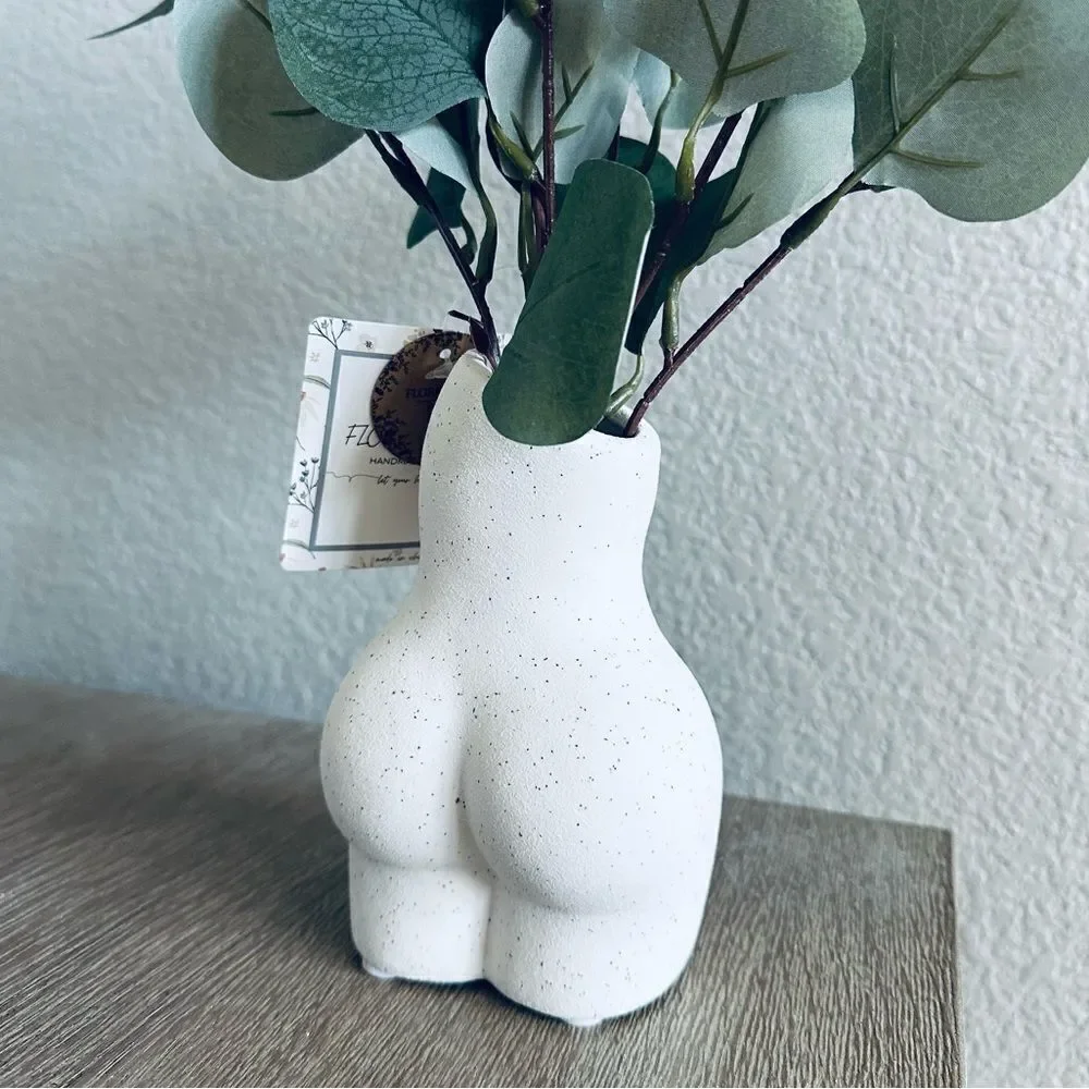 Ceramic Woman Torso Hips Figure Eucalyptus Plant in Vase Decor